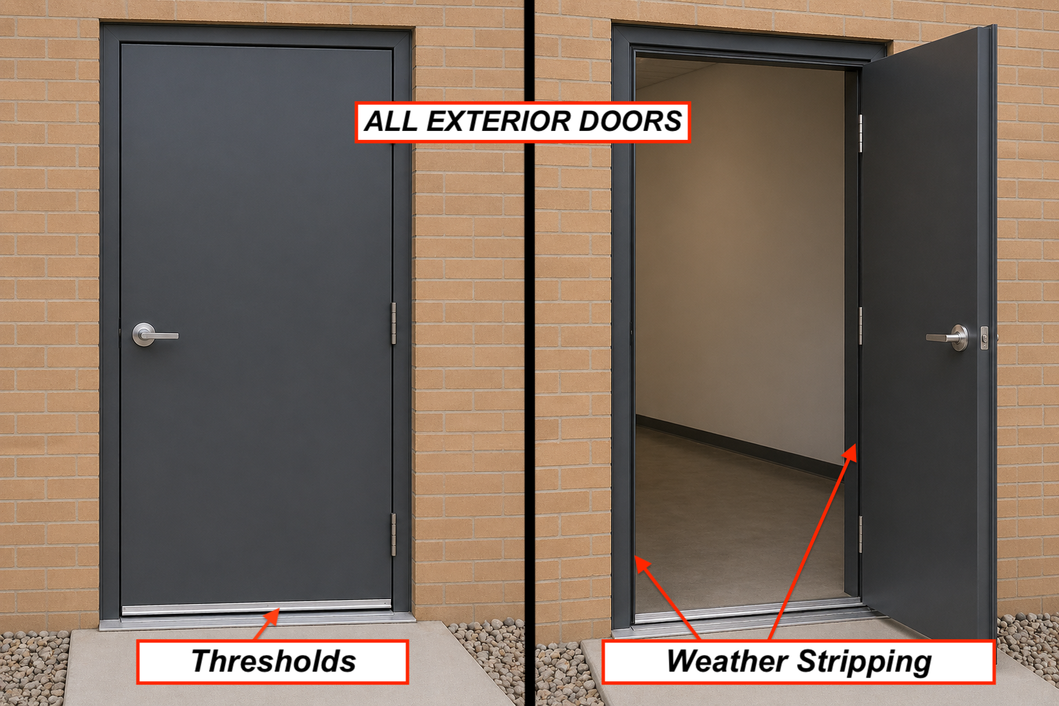 exterior_doors Exterior doors showing thresholds and weather stripping.