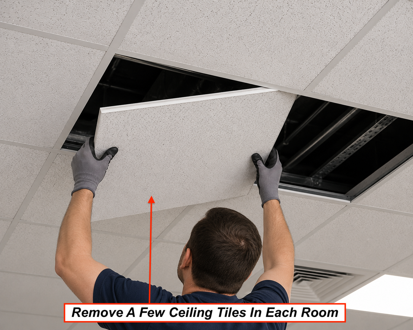 Celing_Tile Man removing ceiling tiles from drop ceiling.