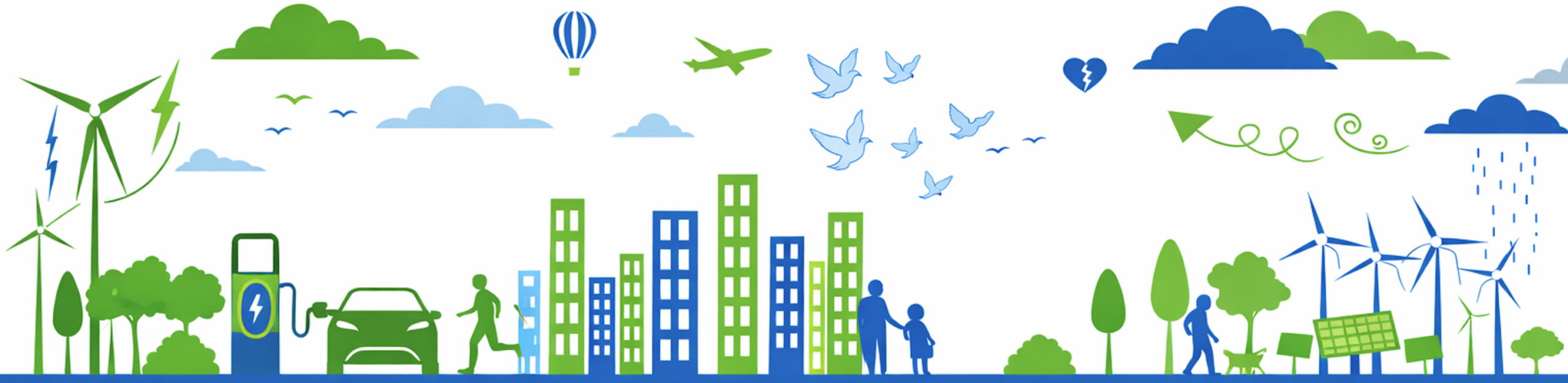 City scape image of people and buildings, wind turbines and electric car charging.